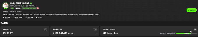 A social media profile page for 'Molly 不離不棄青幽靈' showing a Bitcoin value of 73156.27 and a converted amount of $177,949,429.