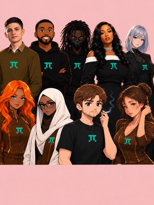 Anime-style group illustration of eight diverse characters wearing shirts with a teal pi symbol, set against a pink background.