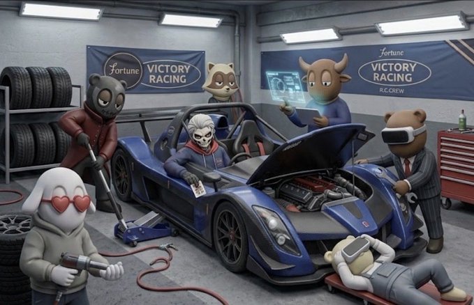 A 3D-rendered scene in a garage showing various cartoon characters (a panda, raccoon, deer, white dog with heart sunglasses, and figure in a suit) working on a blue sports car with 'Fortune Victory Racing' banners in the background.