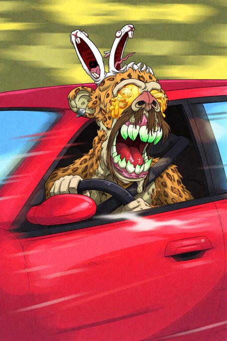 A cartoon illustration of a monstrous, grinning cheetah-like creature with rabbit ears driving a red sports car at high speed.