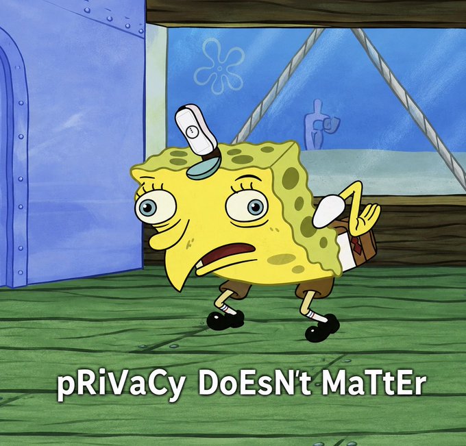 A meme showing a frightened SpongeBob character with the text 'pRiVaCy DoEsN't MaTtEr' overlaid at the bottom.