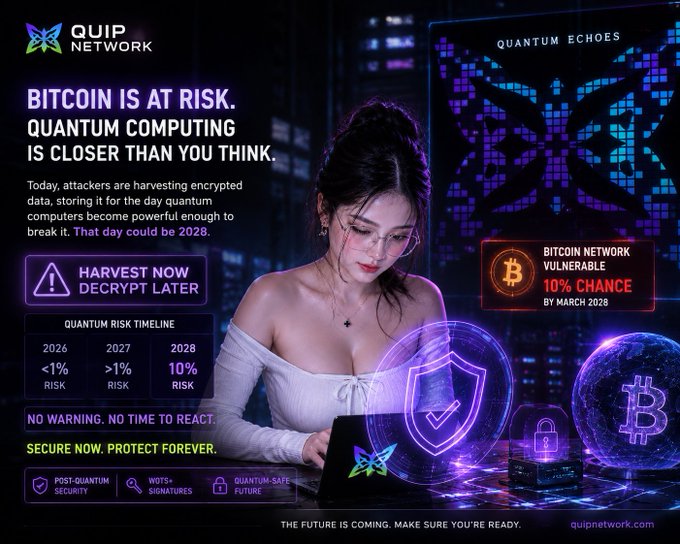A QUIP Network promotional graphic warns that Bitcoin is at risk from quantum computing, displaying a "10% chance by March 2028" vulnerability assessment alongside a stylized woman at a laptop with glowing quantum-themed graphics. The image reinforces the accompanying post's urgent message about the entire Bitcoin circulating supply facing a real, near-term threat from advancing quantum computing technology, framing it as a "Harvest Now, Decrypt Later" crisis that demands immediate post-quantum security action.
