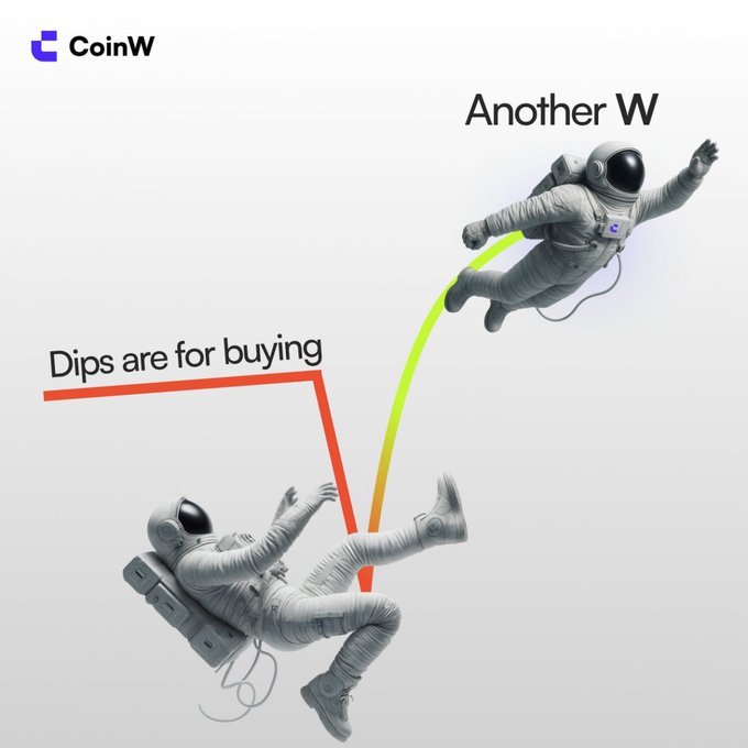 Two astronauts—one falling during a market dip and one being launched back up—visually represent the trading strategy "Dips are for buying," tied to the caption "Another dip. Another chance. Another W," promoting CoinW as a crypto platform.