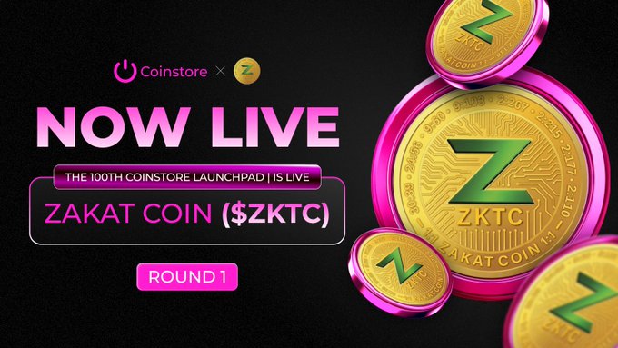 Promotional graphic announcing "$ZKTC IEO Now Live" on Coinstore's 100th Launchpad (Round 1), featuring gold and magenta Zakat Coin ($ZKTC) tokens branded with the "Z" logo alongside the Coinstore partnership branding.