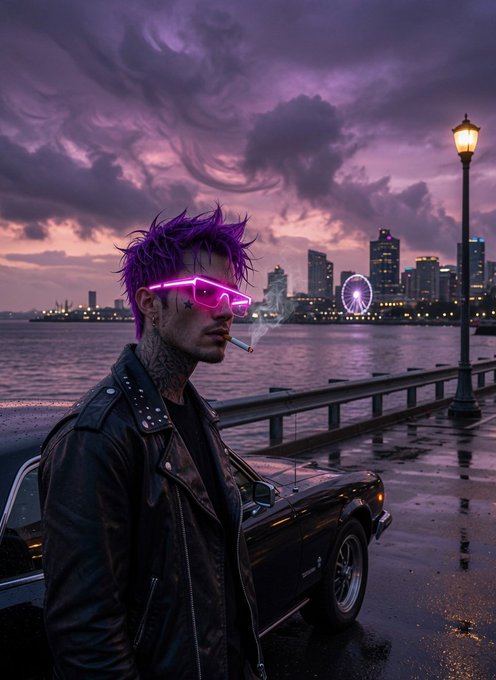 A stylish figure with purple hair and neon pink sunglasses smokes a cigarette while leaning against a black muscle car, with a dramatic purple sky and a city skyline in the background.

The image's aesthetic suggests a rebellious, anti-establishment vibe, which the post might be leveraging to introduce Canopy Network as a bold, frontier-pushing AI-native infrastructure—contrasting the "next generation" tech narrative with a gritty, edgier visual to position the platform as disruptive and ahead of the curve.