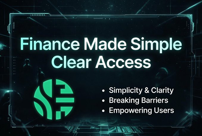 A sleek digital banner with a futuristic teal-and-black design displays the headline "Finance Made Simple, Clear Access" alongside a circular logo and three bullet points: "Simplicity & Clarity," "Breaking Barriers," and "Empowering Users." The image visually reinforces the post's message about the frustration of navigating jargon-heavy traditional finance by promoting an approachable, transparent alternative.
