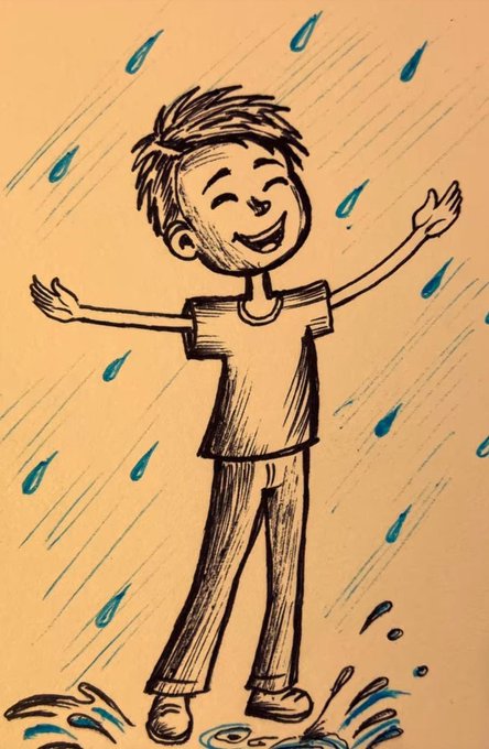 Hand-drawn illustration of a smiling boy with arms outstretched joyfully standing in the rain on an orange background.