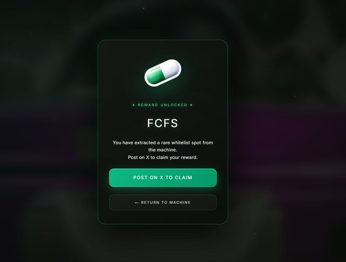 A "Reward Unlocked" notification displays a glowing green pill icon with the text "FCFS," indicating the user has extracted a rare whitelist spot and must "Post on X to Claim" their reward for the $BLNK claw machine minting project.