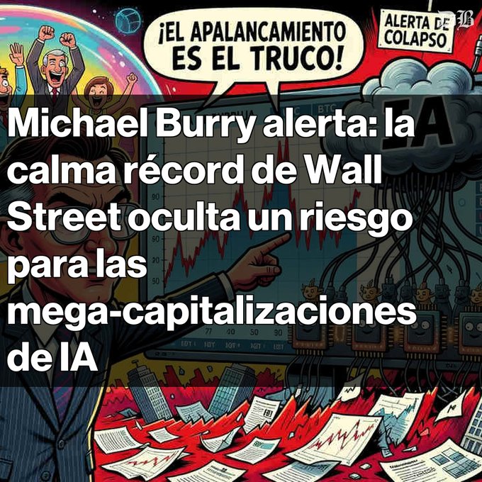 A Spanish-language graphic featuring a cartoon illustration of a man pointing at stock charts with text reading '¡EL APALANCAMIENTO ES EL TRUCO!' and 'ALERTA DE COLAPSO', overlaid with the headline 'Michael Burry alerta: la calma récord de Wall Street oculta un riesgo para las mega-capitalizaciones de IA'.