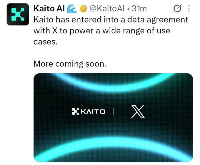 A tweet from Kaito AI (@KaitoAI) announcing a data agreement with X to power various use cases, accompanied by a promotional image displaying the Kaito and X logos against a glowing teal background. The post relates to the user's mention of an "info-fi" target of $200 million, likely referencing Kaito AI's role in the crypto info-fi (information finance) sector.
