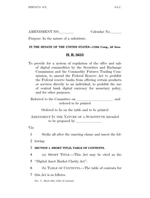 A document titled 'EHF26718 SCL' showing a U.S. Senate amendment (H.R. 3633, 119th Congress) titled the 'Digital Asset Market Clarity Act' for regulating digital commodities.