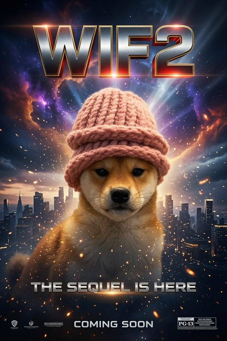 A movie-style poster featuring a small puppy wearing a pink knit beanie against a cosmic cityscape backdrop, with the title "WIF2" and the tagline "THE SEQUEL IS HERE — COMING SOON" (PG-13). It humorously frames the $WIF memecoin's "sequel" as a blockbuster film, playing on the post's reference to bidding on WIF.