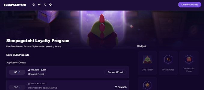The image shows the Sleepagotchi Loyalty Program webpage, featuring a 3D character mascot in a dreamy purple setting, with a task list awarding "SLEEP points" (50 for connecting email, 500 for downloading the app) and NFT-style Badges like "Dino Holder" and "Dreammies" on the right. This supports the post's point about Sleepagotchi building a richer, gamified wellness ecosystem—moving beyond simple AI profiles by using engaging quests, collectibles, and loyalty rewards to connect users with their health and sleep data.