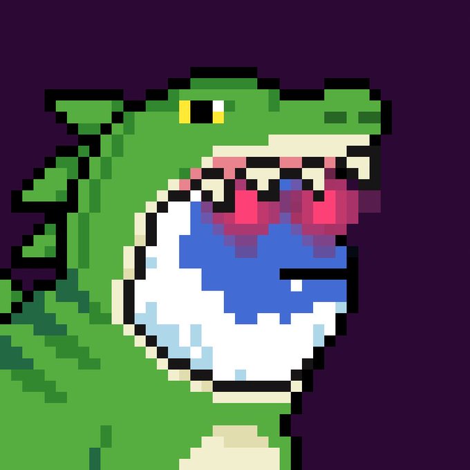 A pixel art illustration of a green dragon or dinosaur character with an open mouth, appearing to bite or hold a blue and white globe.