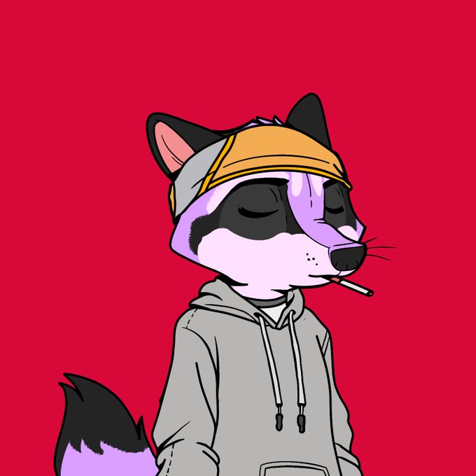 A cartoon illustration of a raccoon-like character with a yellow headband, grey hoodie, and a cigarette in its mouth, set against a red background.