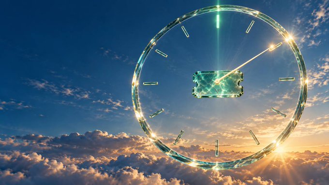 A glowing translucent clock face floats in the sky above a sea of clouds, with golden sunlight beaming through and a digital ticket at the center.