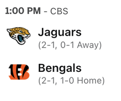 An NFL game listing for 1:00 PM on CBS featuring the Jaguars (2-1, 0-1 Away) versus the Bengals (2-1, 1-0 Home).
