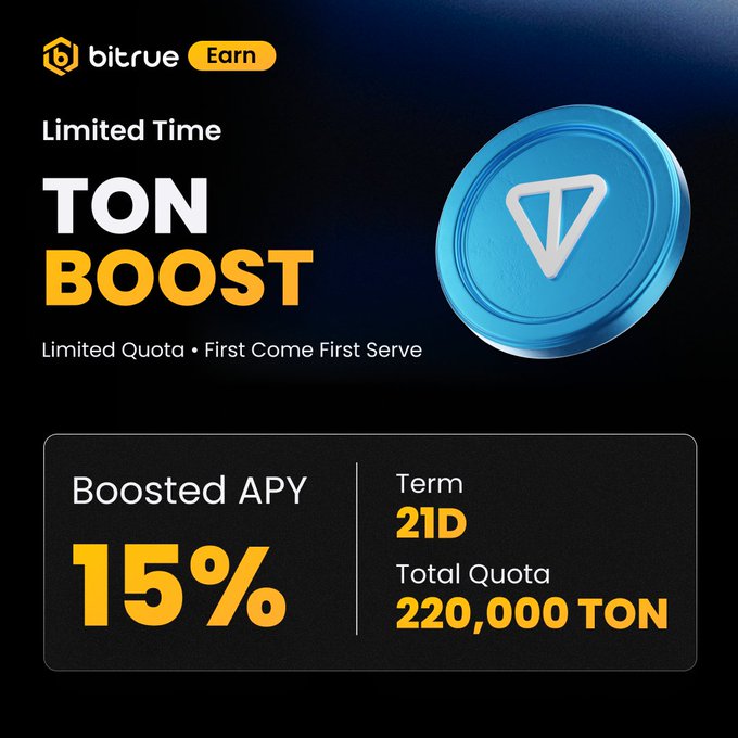 The image shows a blue coin with a triangle symbol on it, which appears to be a token for an online marketplace called Ton Boost. The coin has a value of 15% APY (Annual Percentage Yield) and can be used as a form of payment or exchange. It is displayed against a black background, making the coin stand out prominently. The post also mentions that there are two terms available: 21 days for a fixed term of 220,000 TON total quantity, and 15% APY for an extended period of time.