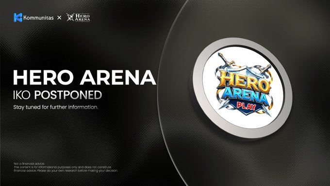 A promotional graphic with logos for 'Kommunitas x HERO ARENA' displaying the text 'HERO ARENA IKO POSTPONED Stay tuned for further information' alongside a circular 'HERO ARENA PLAY' emblem.