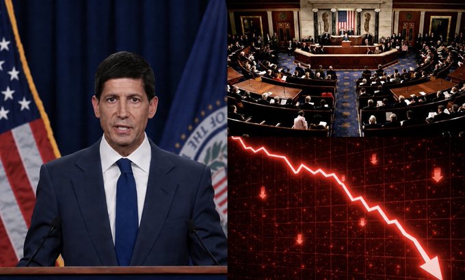 A collage showing a U.S. official speaking at a podium with an American flag, the House chamber in session, and a downward-trending red stock chart, visually reinforcing the post's warning about Bitcoin volatility tied to upcoming congressional votes on the CLARITY Act on September 15-18.