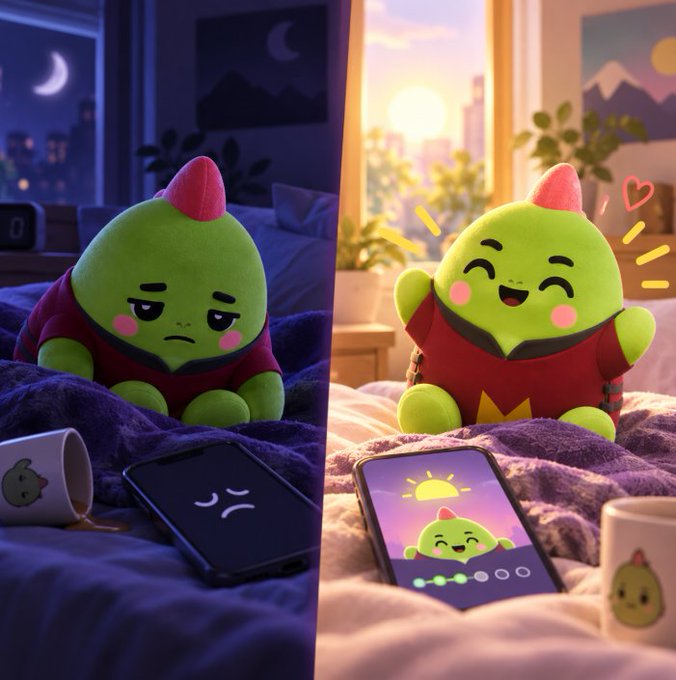 A split-screen comparison shows a green plush character in a red shirt; on the left it appears tired at night next to a phone displaying a sleeping emoticon, while on the right it smiles happily in the morning with a sun and heart symbols around it.