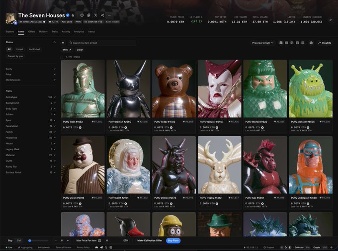 Screenshot of an NFT marketplace page displaying "The Seven Houses" collection by @sbe..., showing 777 total items with a floor price of 0.0075 ETH, featuring various 3D character avatars including "Puffy Titan #9032" and "Puffy Demon #2060" listed in a grid format.