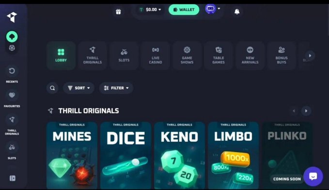 Screenshot of an online casino lobby featuring categories like Lobby, Thrill Originals, Slots, Live Casino, Game Shows, Table Games, New Arrivals, and Bonus Buys, with game tiles for Mines, Dice, Keno, Limbo, and Plinko, plus a $0.00 wallet balance.