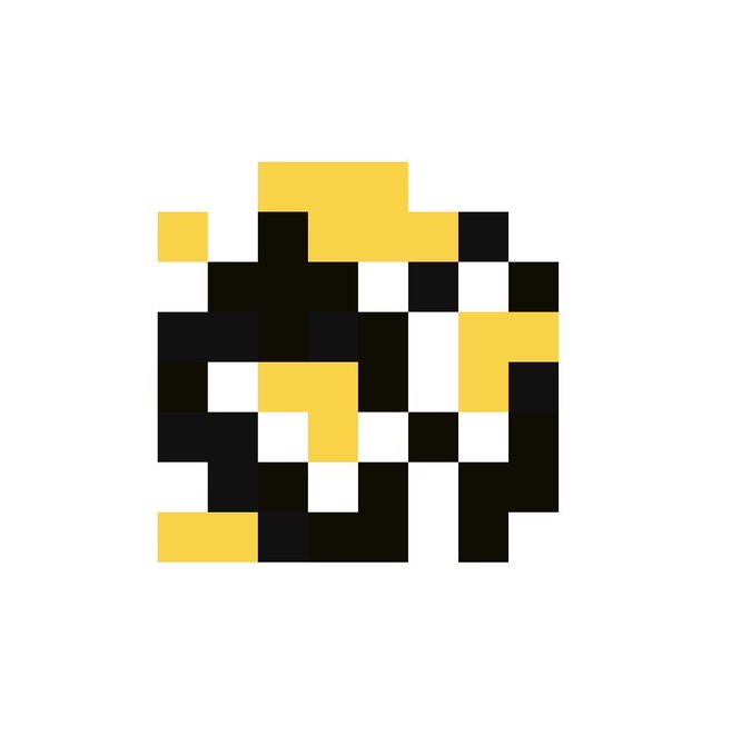 A pixelated abstract image composed of yellow, black, and white squares arranged in an irregular, scattered pattern on a white background.