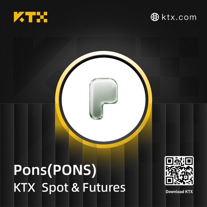 A promotional graphic for the cryptocurrency Pons (PONS) on KTX exchange, featuring a glossy letter 'P' logo and a QR code to download KTX.