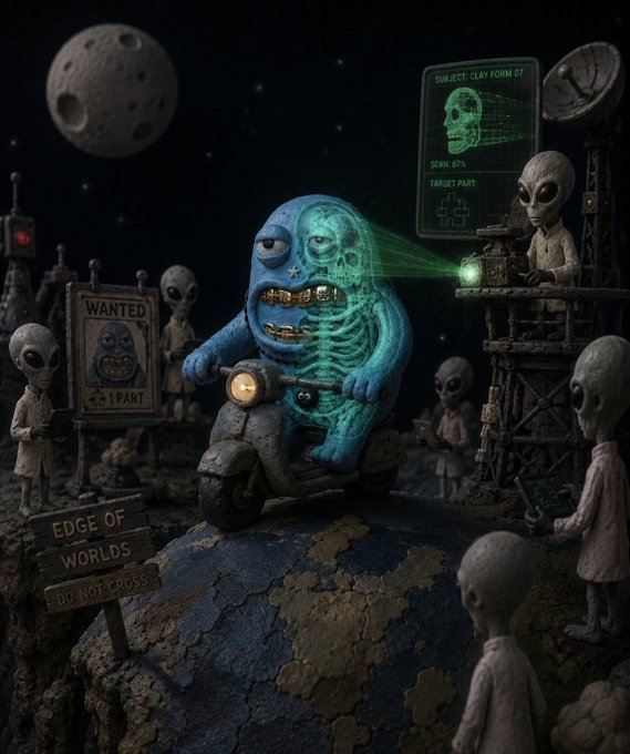 ursa, a blue alien with a green skull and crossbones, rides a motorcycle on a rocky terrain under a black sky, accompanied by other alien figures.