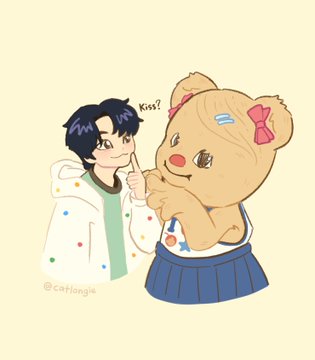 The image features a cartoon scene of two characters, one person wearing a hoodie with polka dots and another dressed as a teddy bear. The person holding the teddy bear has pink bows on their hair, giving them a playful appearance. They are both looking at each other while making a kissing gesture. The post that accompanies this image is titled "#XINLONG #씬롱 #ALD1_fanart".