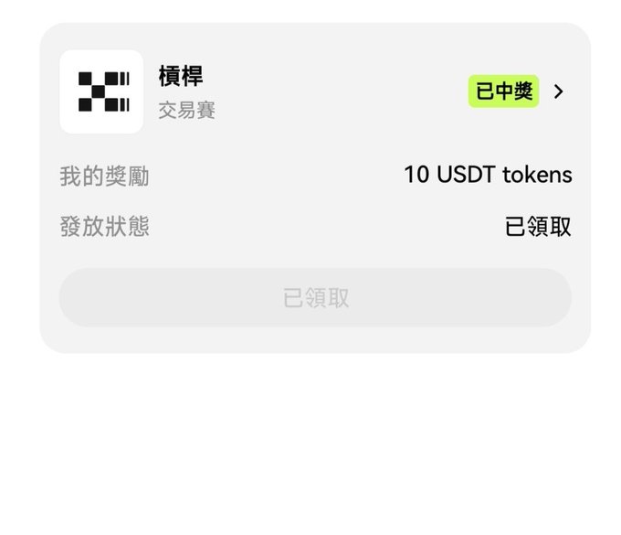 A mobile app screenshot showing a reward of 10 USDT tokens for '檳榔' (Betel Nut) in a trading competition, marked as '已中獎' (Won) and '已領取' (Claimed).