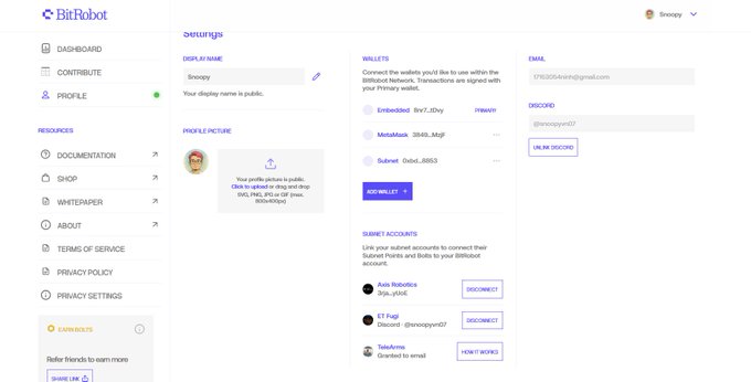 A user profile settings page for 'BitRobot' displaying the username 'Snoopy', wallet addresses for Primary and Subnet accounts, an email link, and Discord connection status.