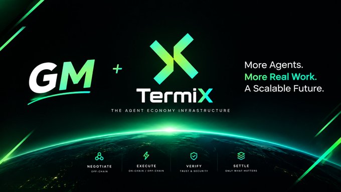 A promotional banner for Termix featuring the text 'GM + Termix: The Agent Economy Infrastructure' alongside the tagline 'More Agents. More Real Work. A Scalable Future.' and four feature icons labeled Negotiate, Execute, Verify, and Settle.