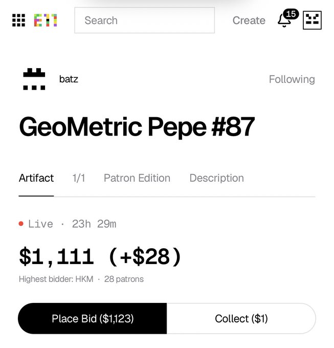 A screenshot from a Zora NFT marketplace listing by user "batz" for a "GeoMetric Pepe #87" token priced at $1,111 (+$28), with 28 patrons and HKM as the highest bidder.