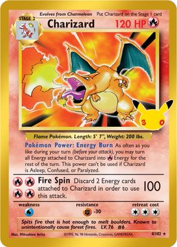 A Pokemon trading card featuring Charizard, 120 HP, Stage 2, Evolves from Charmeleon, with the attack 'Fire Spin' that discards 2 Energy cards.
