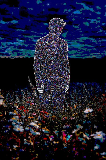A colorful, stylized digital illustration shows a figure composed of vibrant scribbles standing in a field of flowers under a starry night sky.
