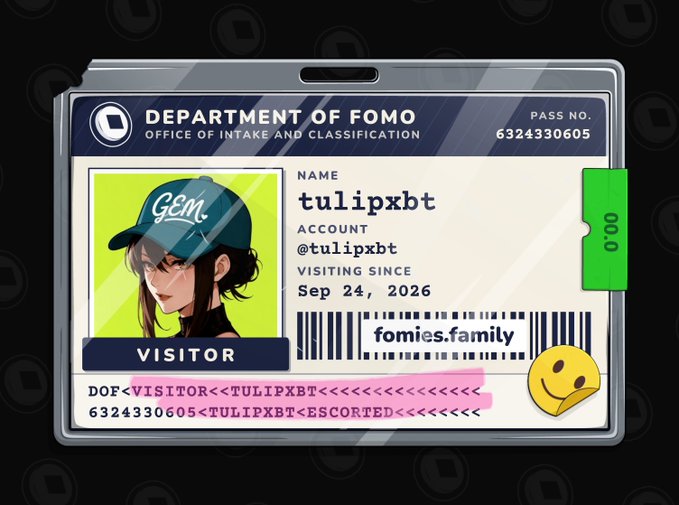A digital visitor pass from the 'Department of FOMO, Office of Intake and Classification,' issued to 'tulipxbt' with the account @tulipxbt, visiting since 'Sep 24, 2026,' featuring an anime-style female avatar in a 'G.E.M.' cap.