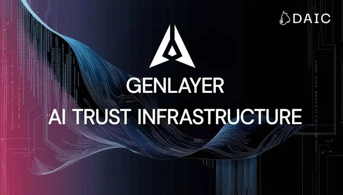The image promotes GenLayer as "AI Trust Infrastructure," featuring its distinctive triangular logo against a stylized digital background with flowing wave patterns and code motifs, while a "DAIC" watermark appears in the corner. The graphic visually reinforces the post's theme by framing GenLayer as the foundational trust layer of Web3—moving beyond simple asset speculation toward intelligent contracts capable of interpreting natural language and verifying whether agreements are truly honored.