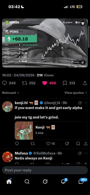A mobile screenshot showing a social media feed with a crypto token card for '$PONS' displaying '+68.18' gain, alongside tweets from users 'kenji.hl' and '@SolMufasa' mentioning Kenji and an alpha community.
