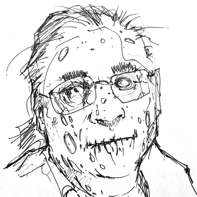 A rough black-and-white sketch of a face with freckles, glasses, messy hair, and a stitched-mouth grin, rendered in a raw, scribbled pen-drawing style.