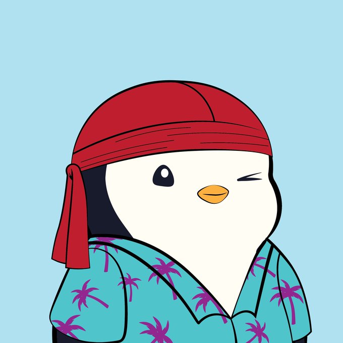 A cartoon penguin wearing a red bandana and a teal Hawaiian shirt with purple palm trees, winking and standing against a light blue background.