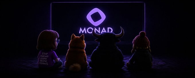 A promotional image showing four characters (a girl in a 'Stop Making Stupid People Famous' shirt, a Shiba Inu dog, a minotaur, and a person in a beanie) viewed from behind, watching a screen displaying the purple 'MONAD' logo.