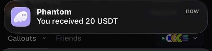A mobile notification from the Phantom wallet app stating 'You received 20 USDT' with the Phantom ghost logo.
