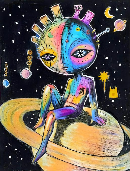 A colorful mixed-media drawing of a surreal humanoid figure with a large, multi-colored head, alien-like eyes, and crown-like protrusions, sitting on a ringed planet against a black starry sky background.