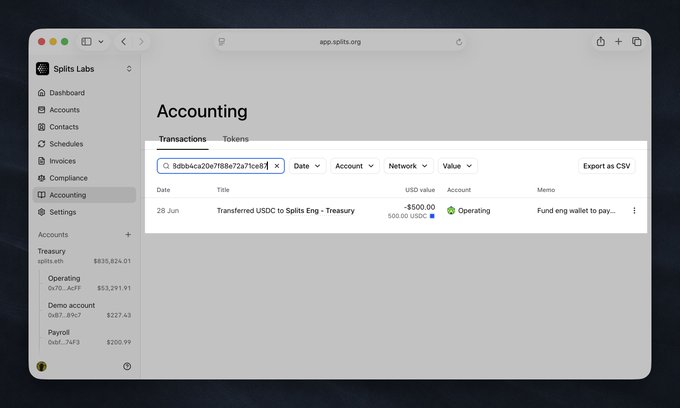 A screenshot of the Splits Labs web application showing the Accounting transactions page, which logs a transfer of -$500.00 USD from the Operating account to the Splits Eng Treasury.