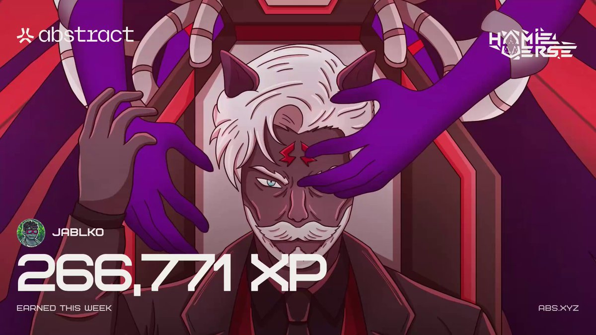 The image features a cartoon character with white hair wearing a suit and tie, holding hands with another person who has purple gloves on their hands. The background of the image is red and black, creating an abstract art style. The caption below the image reads "Happy @AbstractChain XP day! Weaker week after some time, but still solid. Next one will be better (hopefully)".