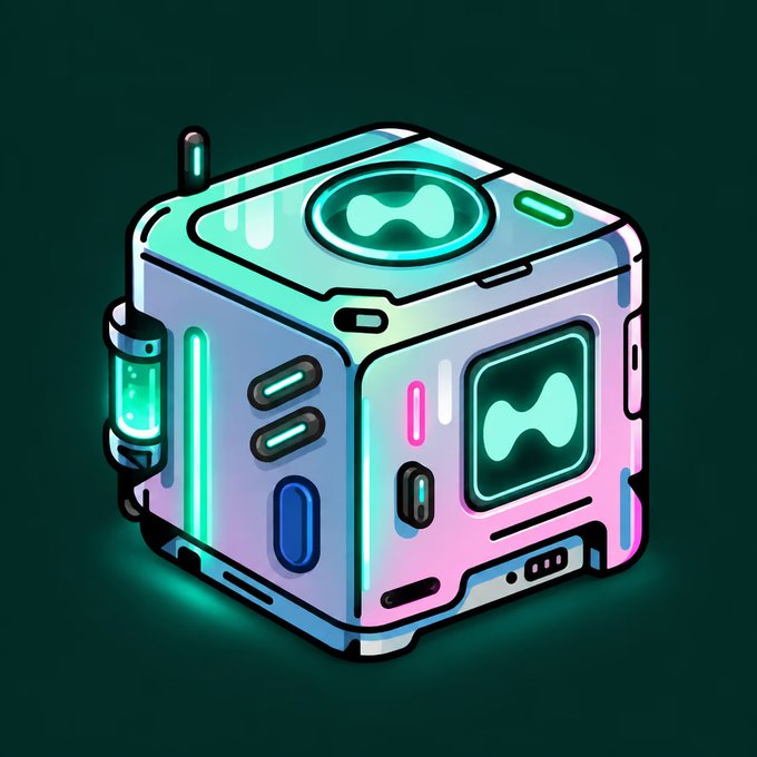 A stylized cartoon illustration of a futuristic glowing cube with neon green, blue, and pink accents featuring digital infinity symbols on a dark teal background.