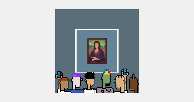 A pixel art illustration showing six figures with raised hands viewed from behind, admiring a framed portrait resembling the Mona Lisa on a wall.