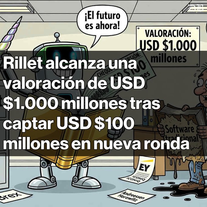 A cartoon illustration with overlaid Spanish text "Rillet alcanza una valoración de USD $1.000 millones tras captar USD $100 millones en nueva ronda", depicting a robot reading a book saying "¡El futuro es ahora!" with signs showing USD $1,000 million valuation.